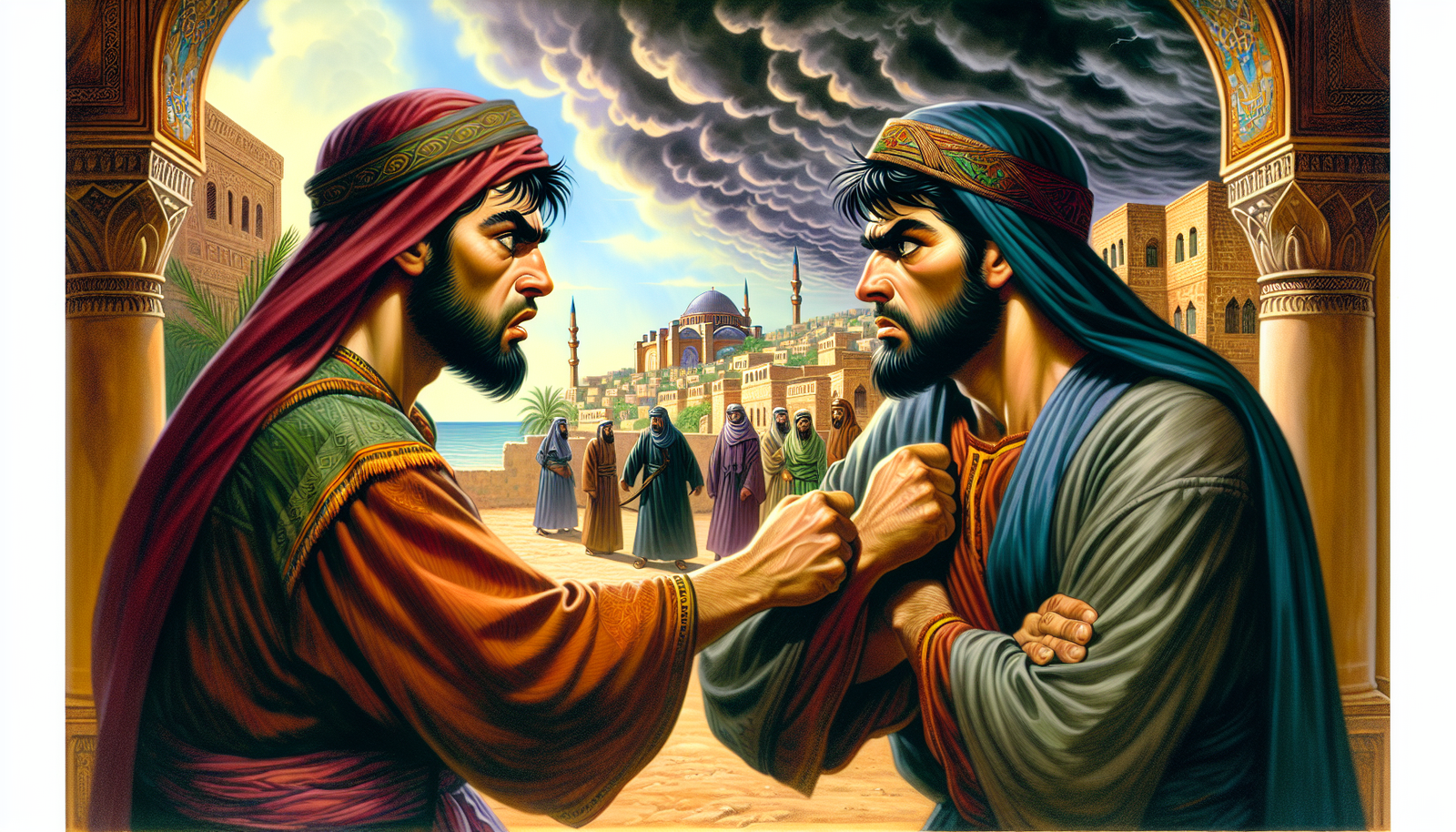 Illustration of Paul and Barnabas having a disagreement in Perga