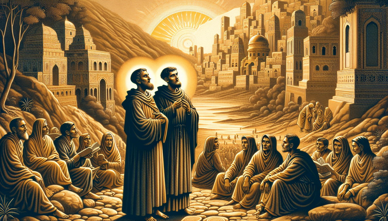 Illustration of Paul and Silas spreading the gospel